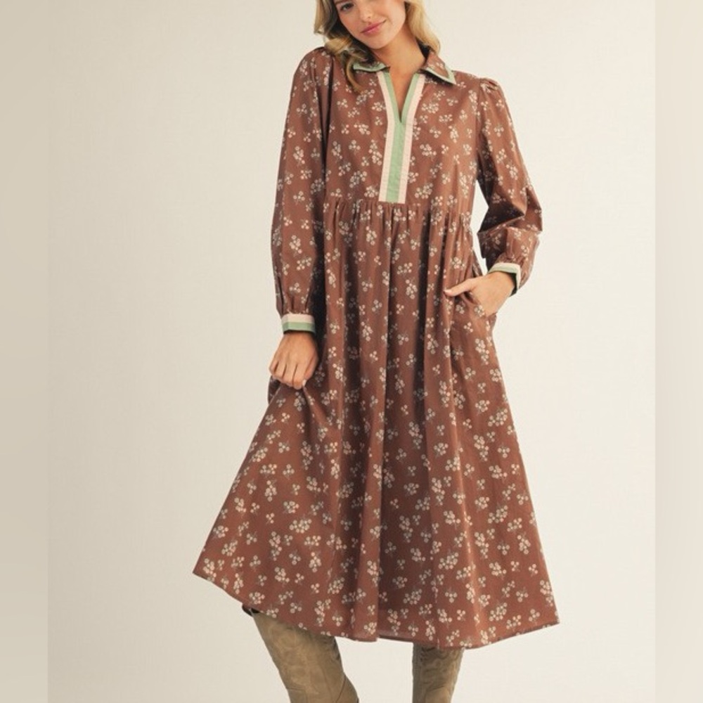 JODIFL Brown Floral Long Sleeve Dress